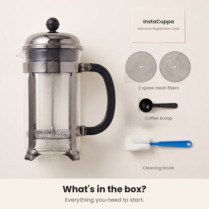 InstaCuppa French Press Coffee Maker - Black - press, spare filters and tools · 600 ml