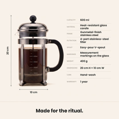 InstaCuppa French Press Coffee Maker - Black - borosilicate glass, 4-part filtration, 600 ml · 600 ml