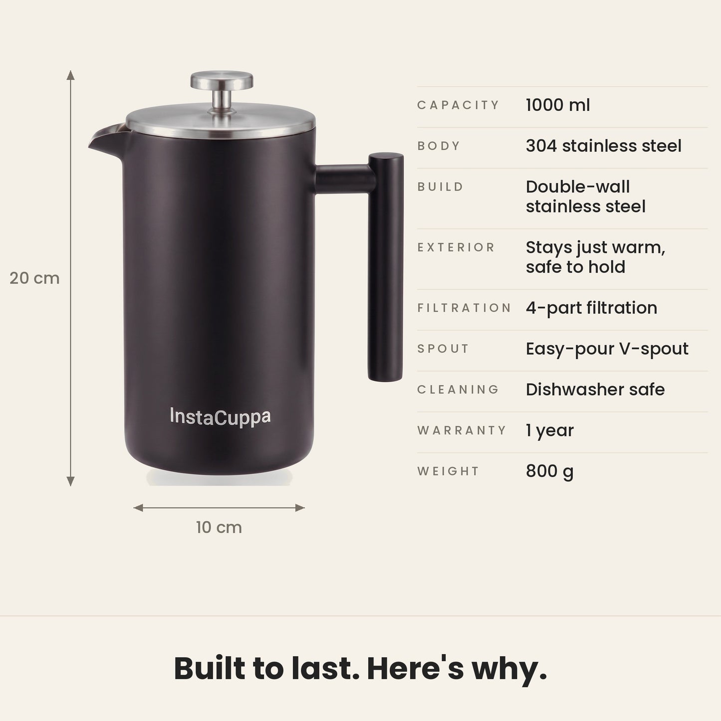 InstaCuppa Stainless Steel French Press 1000 ml - Black - double-wall 304 steel, 1000 ml, 4-part filtration specs