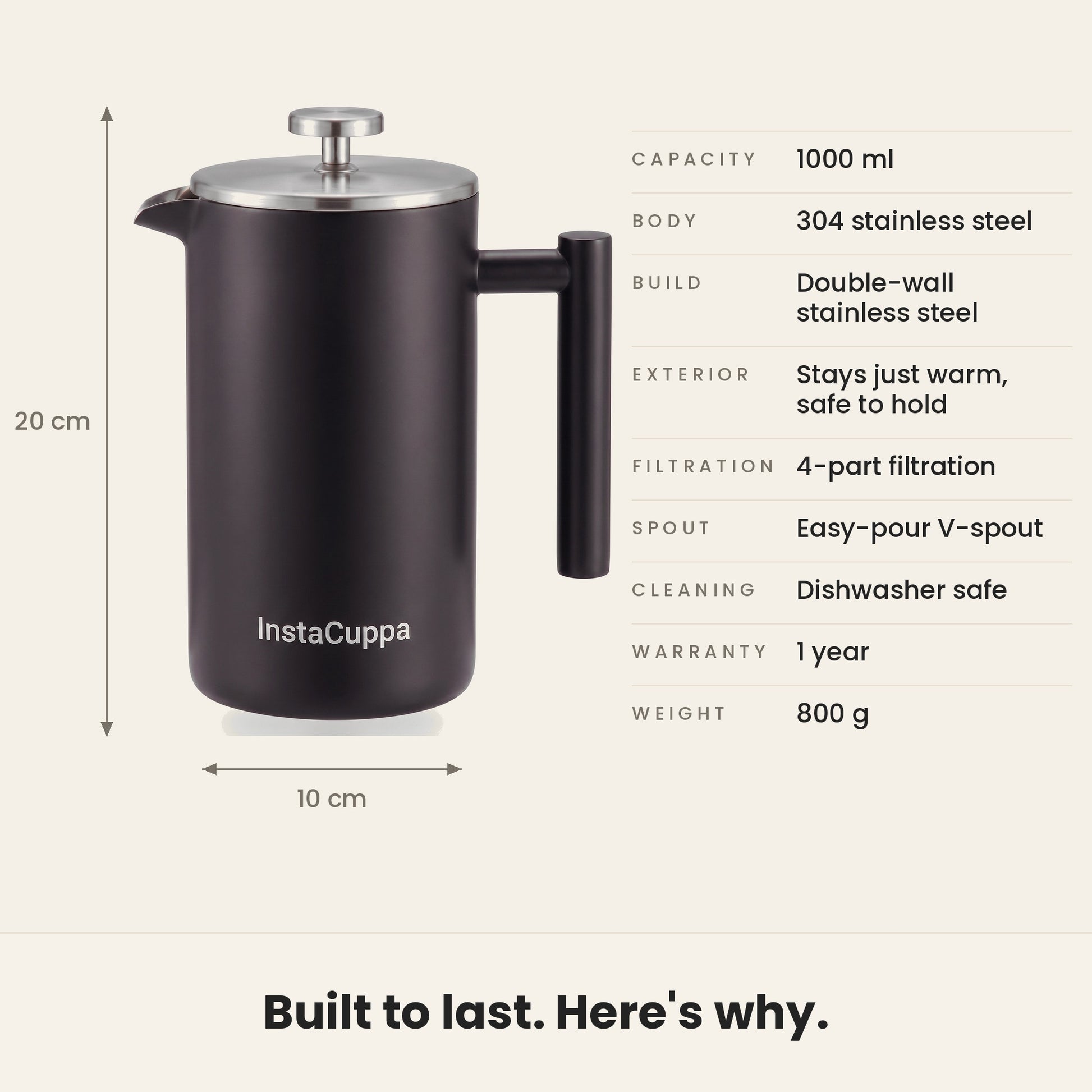 InstaCuppa Stainless Steel French Press 1000 ml - Black - double-wall 304 steel, 1000 ml, 4-part filtration specs