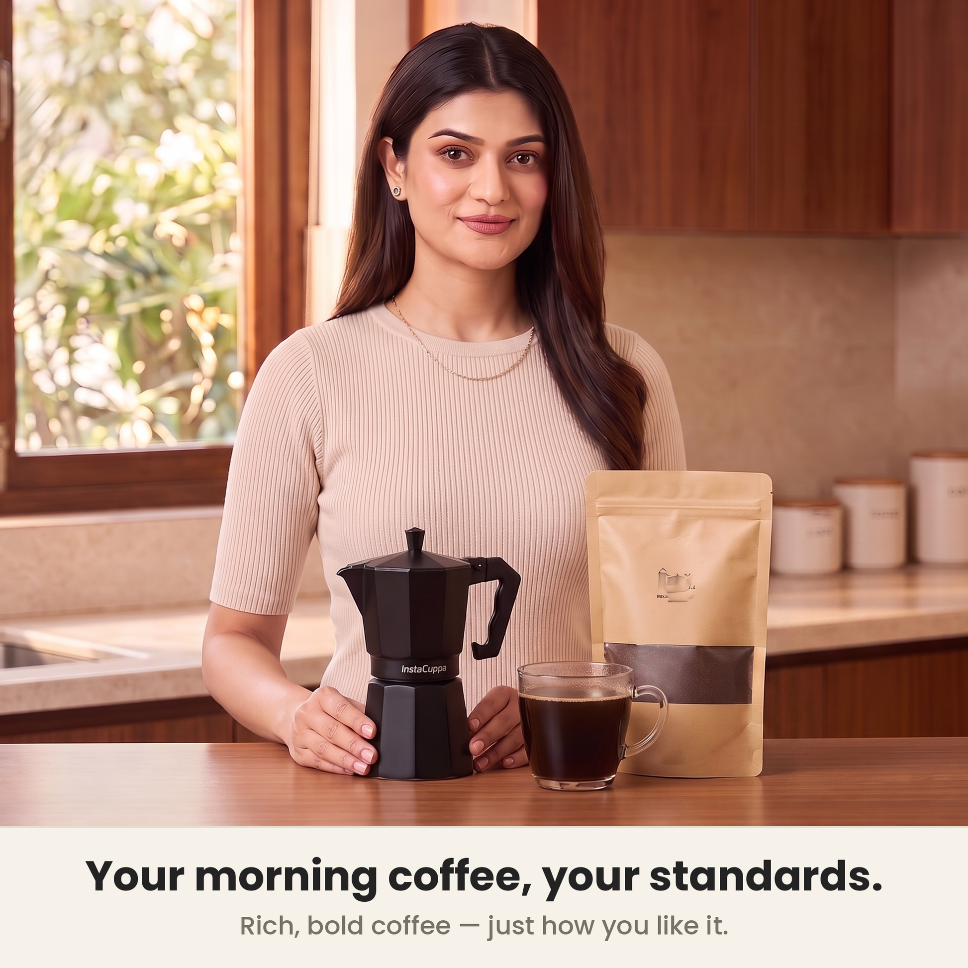 InstaCuppa Aluminium Moka Pot - Black - rich cafe-strength coffee at home · 300 ml · 6 cup