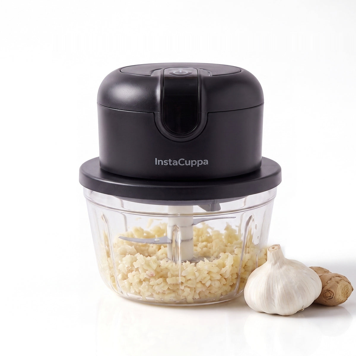 InstaCuppa Mini Electric Chopper - 350 ML Black - minced garlic hero shot