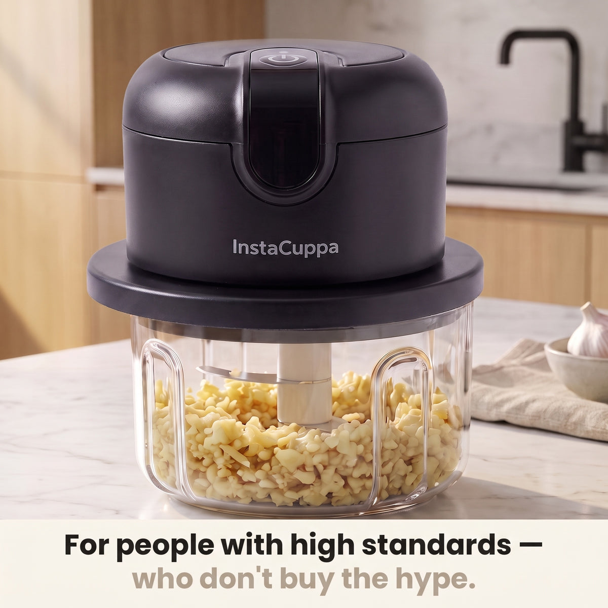 InstaCuppa Mini Electric Chopper - 350 ML Black - compact one-touch chopper on the kitchen counter