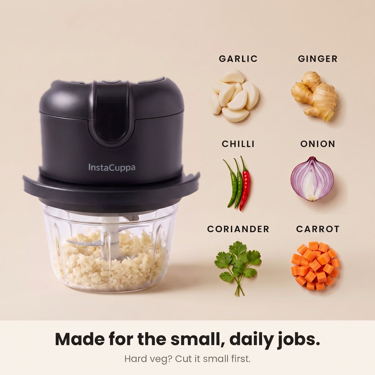 InstaCuppa Mini Electric Chopper - 350 ML Black - chops garlic ginger chilli onion coriander carrot