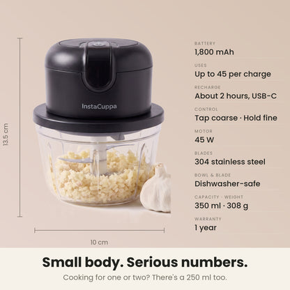 InstaCuppa Mini Electric Chopper - 350 ML Black - size, battery and blade specifications