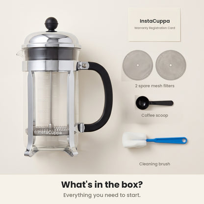 InstaCuppa French Press Coffee Maker - Clear - press, spare filters and tools · 600 ml