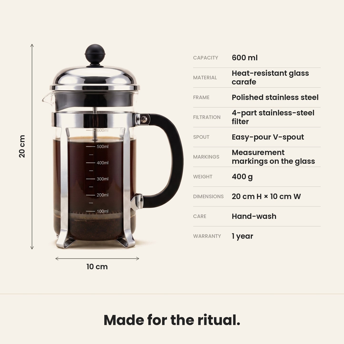 InstaCuppa French Press Coffee Maker - Clear - borosilicate glass, 4-part filtration, 600 ml · 600 ml