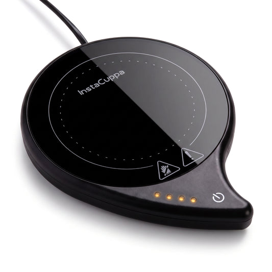 InstaCuppa coffee mug warmer for desk - slim electric warming plate with 4 temperature LEDs