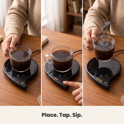 InstaCuppa coffee mug warmer for desk in use - place the mug, tap the button, sip hot coffee