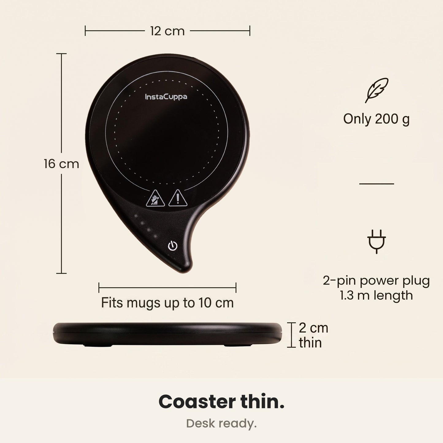InstaCuppa coffee mug warmer for desk size guide - 16 cm x 12 cm, 2 cm thin and only 200 g