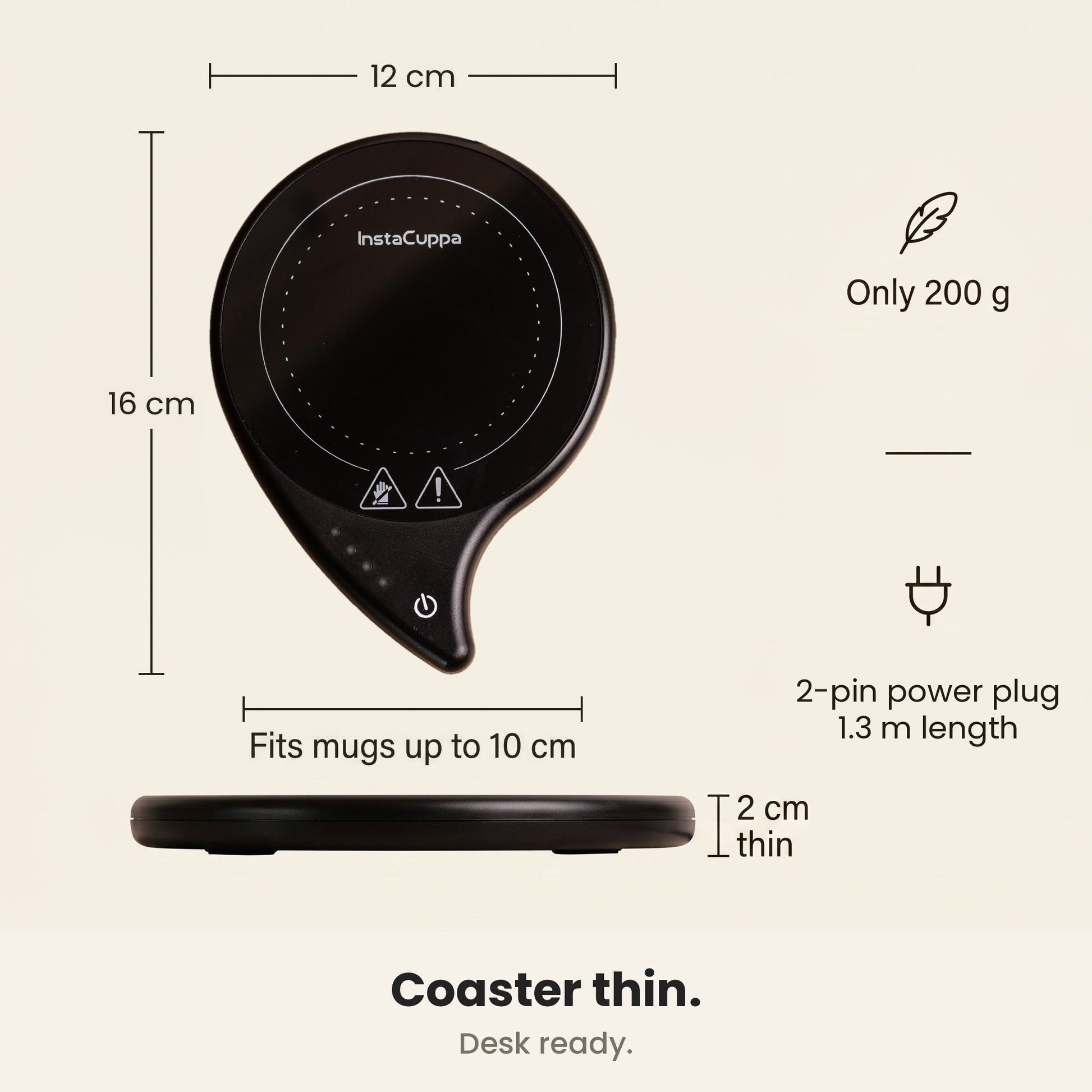 InstaCuppa coffee mug warmer for desk size guide - 16 cm x 12 cm, 2 cm thin and only 200 g