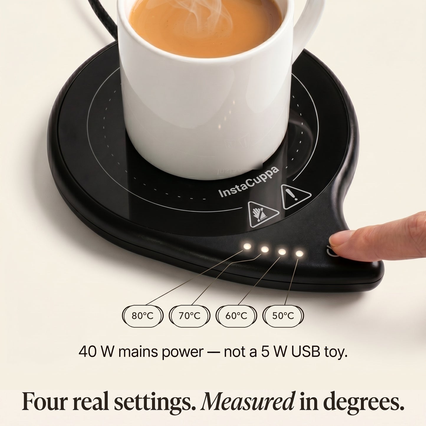 InstaCuppa Coffee Mug Warmer for Desk with 4 Adjustable Temperature Settings - Min 50*C - Max 80*C, 8 Hour Auto Shut Off, Simple Touch Operation, Light Weight and Easy to Carry Around, 40 Watt, Black - Image 7
