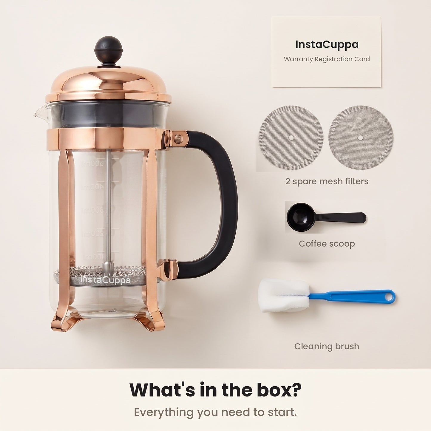 InstaCuppa French Press Coffee Maker - Copper - press, spare filters and tools · 600 ml