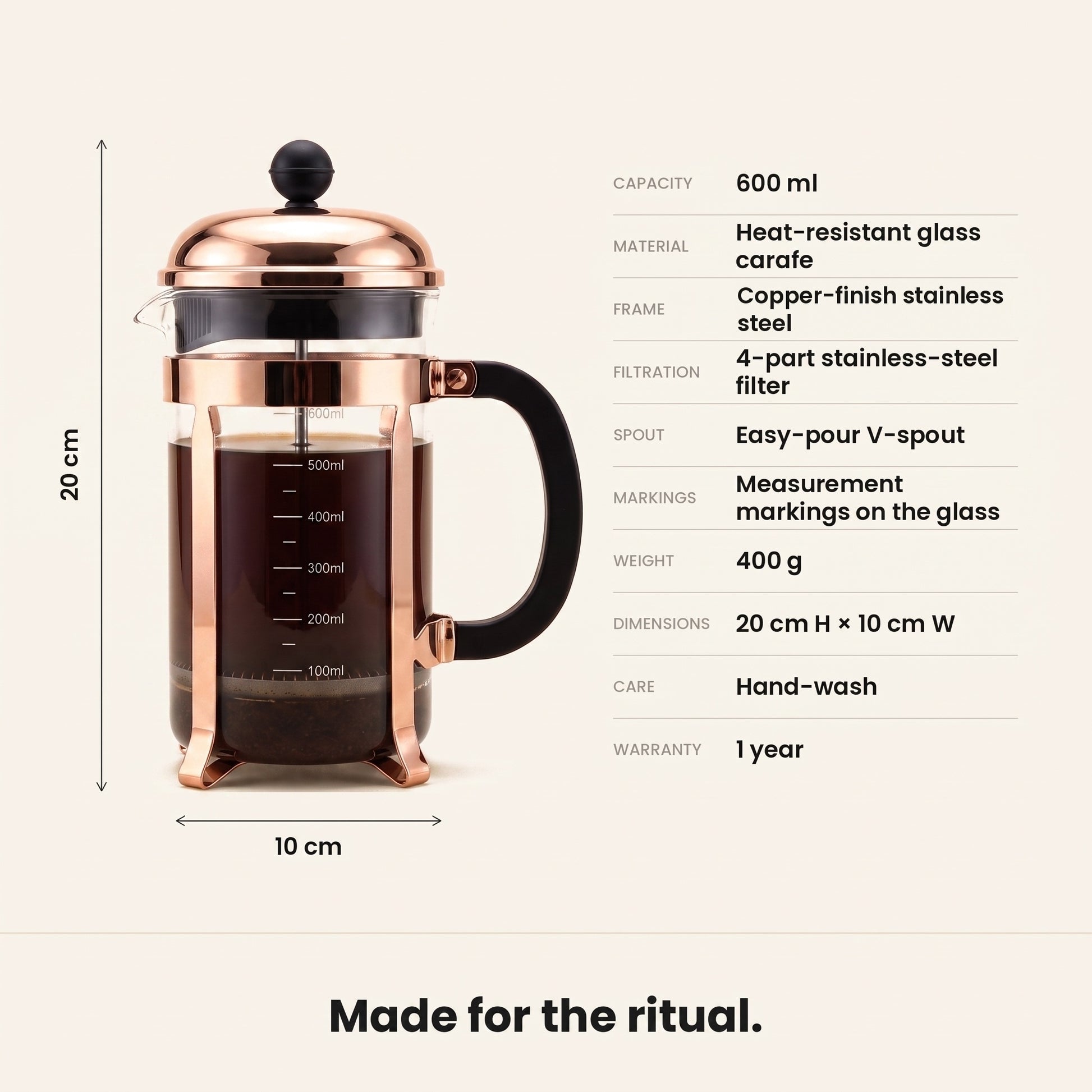 InstaCuppa French Press Coffee Maker - Copper - borosilicate glass, 4-part filtration, 600 ml · 600 ml