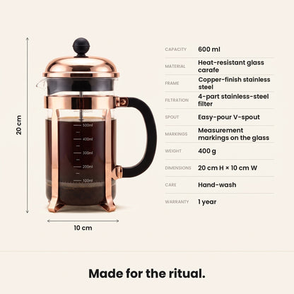 InstaCuppa French Press Coffee Maker - Copper - borosilicate glass, 4-part filtration, 600 ml · 600 ml
