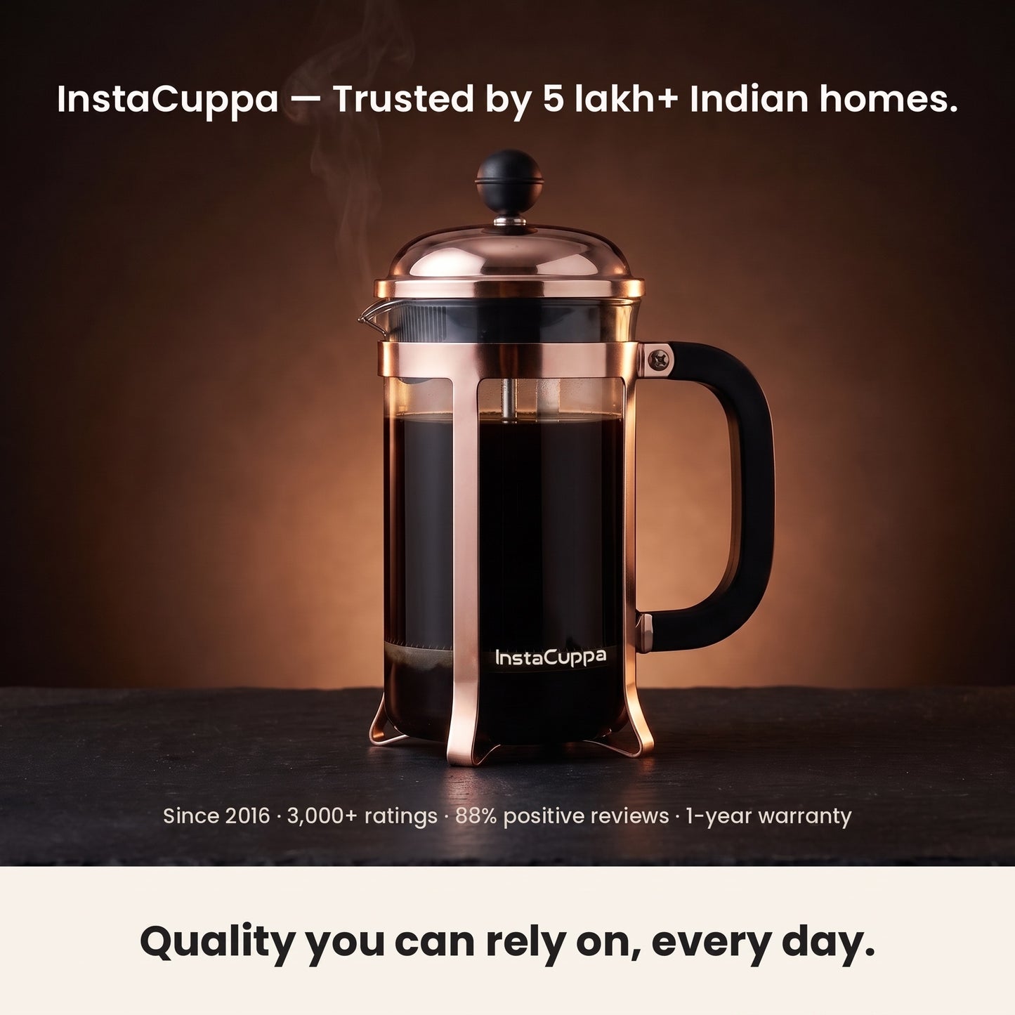 InstaCuppa French Press Coffee Maker - Copper - trusted by Indian homes, 1-year warranty · 600 ml