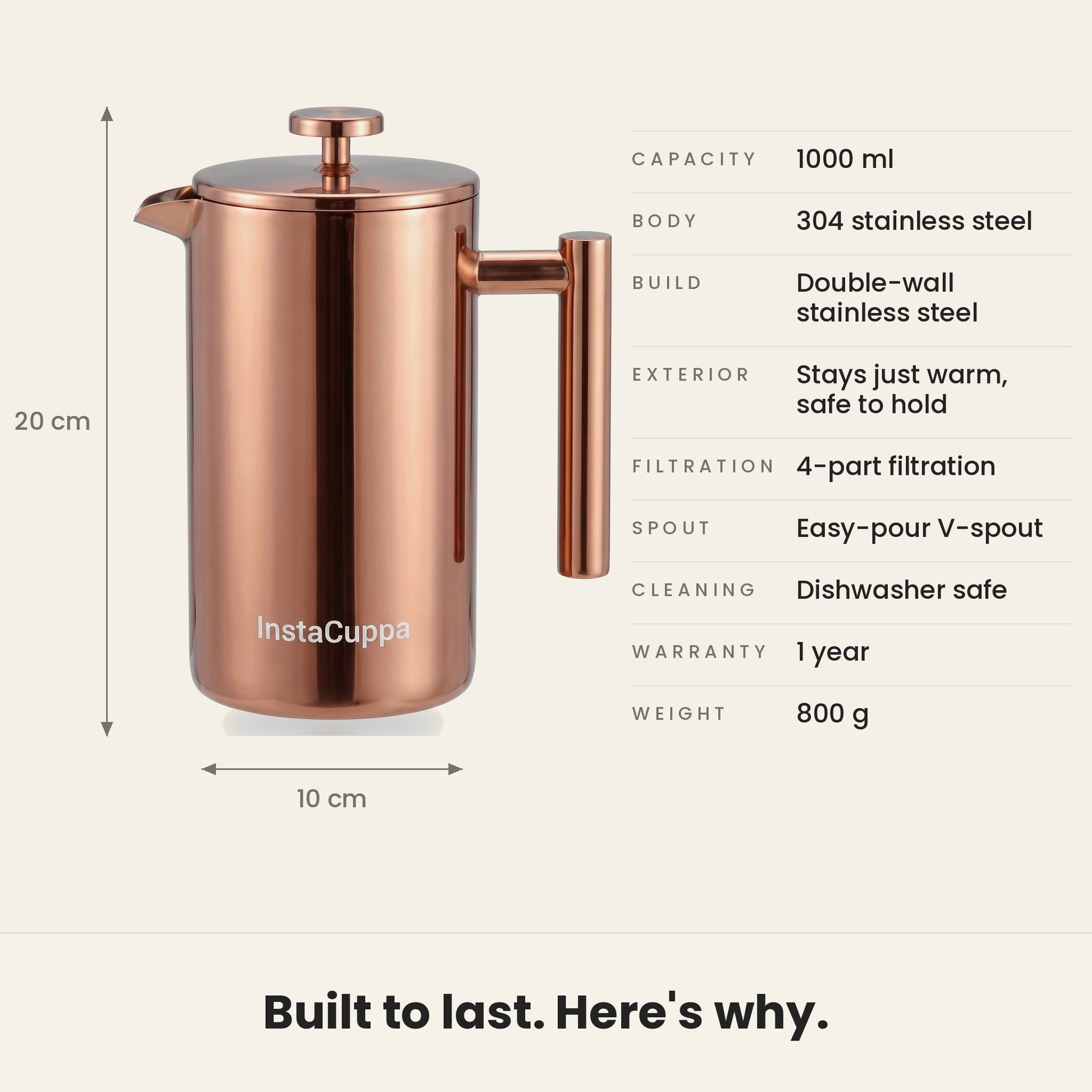 InstaCuppa Stainless Steel French Press 1000 ml - Copper - double-wall 304 steel, 1000 ml, 4-part filtration specs