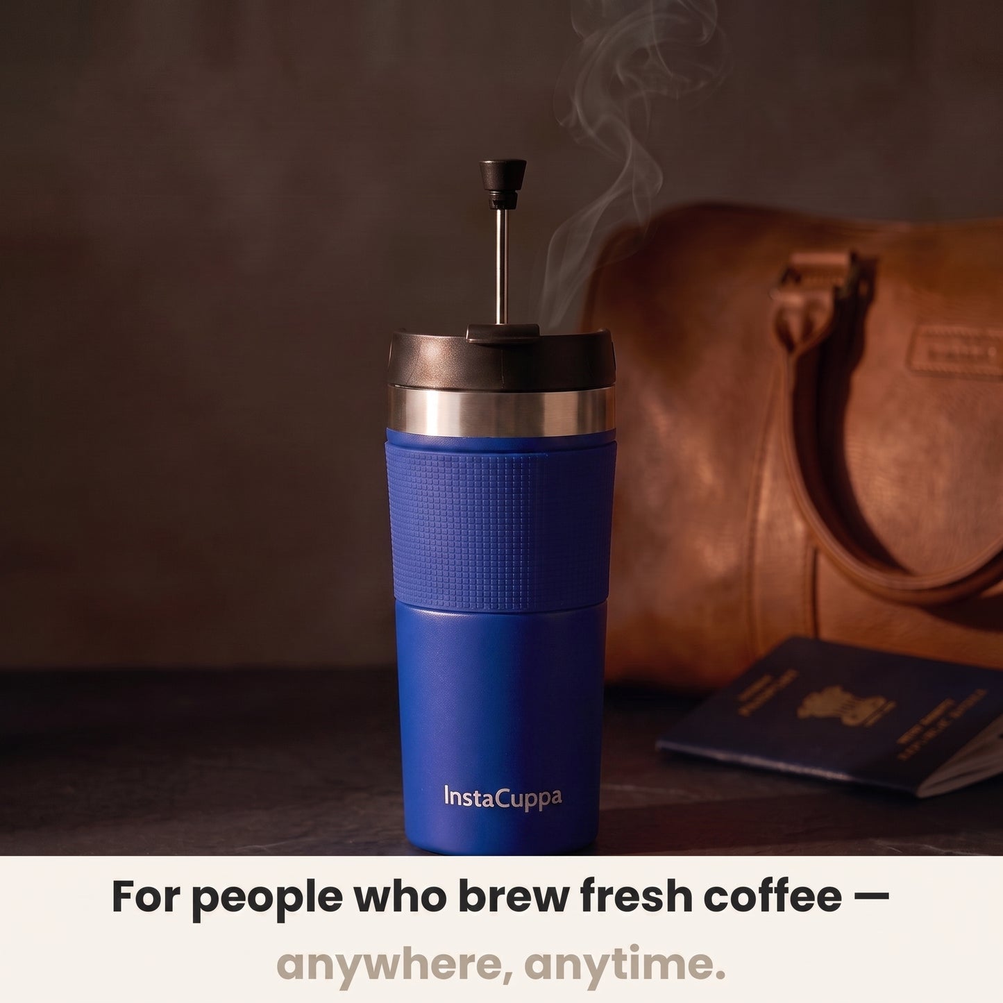 Navy blue French Press Travel Mug by InstaCuppa for people who brew fresh coffee anywhere beside a leather weekender