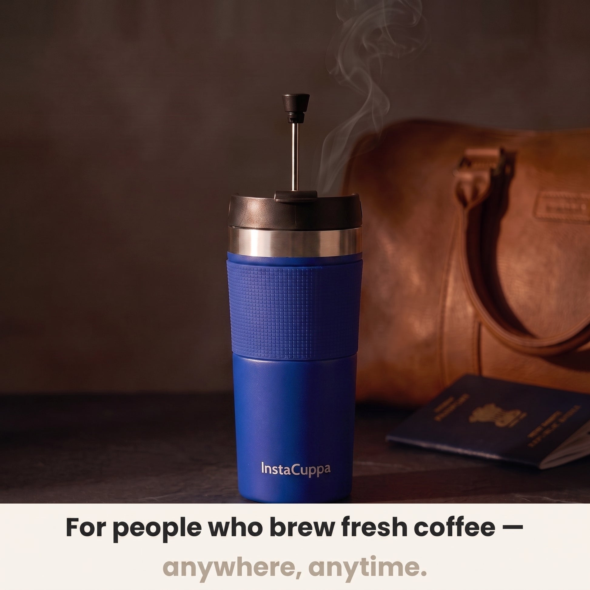 Navy blue French Press Travel Mug by InstaCuppa for people who brew fresh coffee anywhere beside a leather weekender