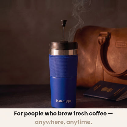 Navy blue French Press Travel Mug by InstaCuppa for people who brew fresh coffee anywhere beside a leather weekender