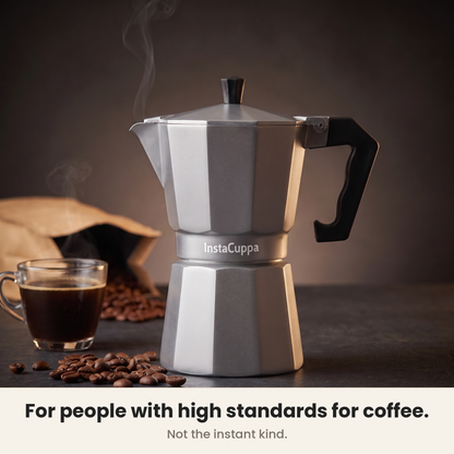 InstaCuppa Aluminium Moka Pot - Silver - for people who take their coffee seriously · 300 ml · 6 cup