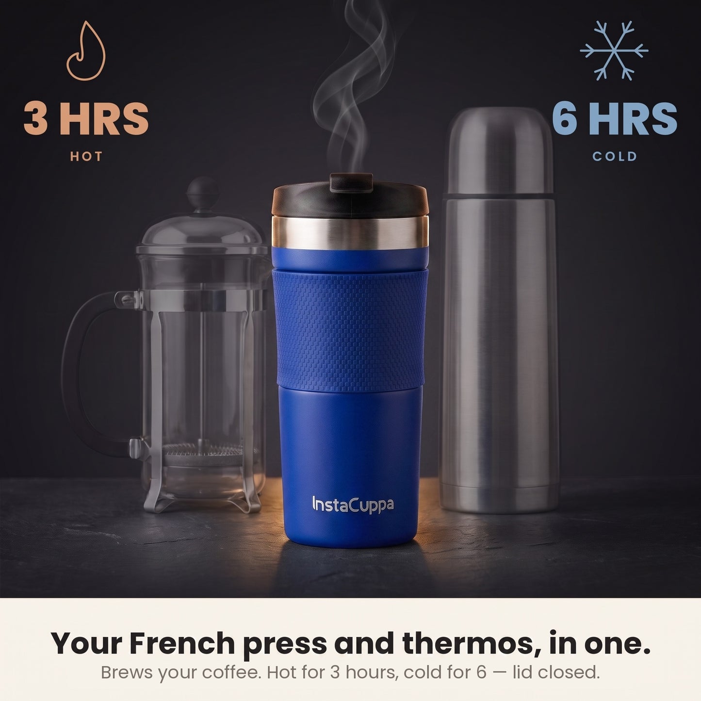 Navy blue InstaCuppa French Press Travel Mug is a French press and thermos in one, hot 3 hours and cold 6 hours