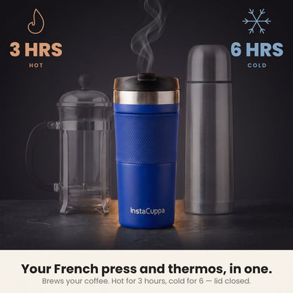 Navy blue InstaCuppa French Press Travel Mug is a French press and thermos in one, hot 3 hours and cold 6 hours
