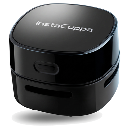 InstaCuppa Mini Desktop Vacuum Cleaner in black, cordless, on white background – Battery Edition