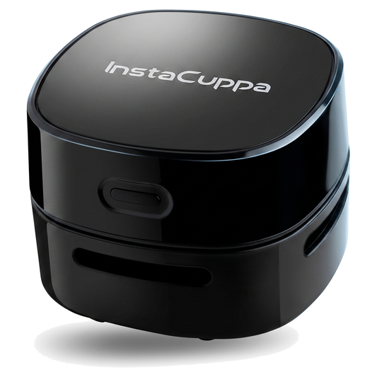 InstaCuppa Mini Desktop Vacuum Cleaner in black, cordless, on white background – Battery Edition