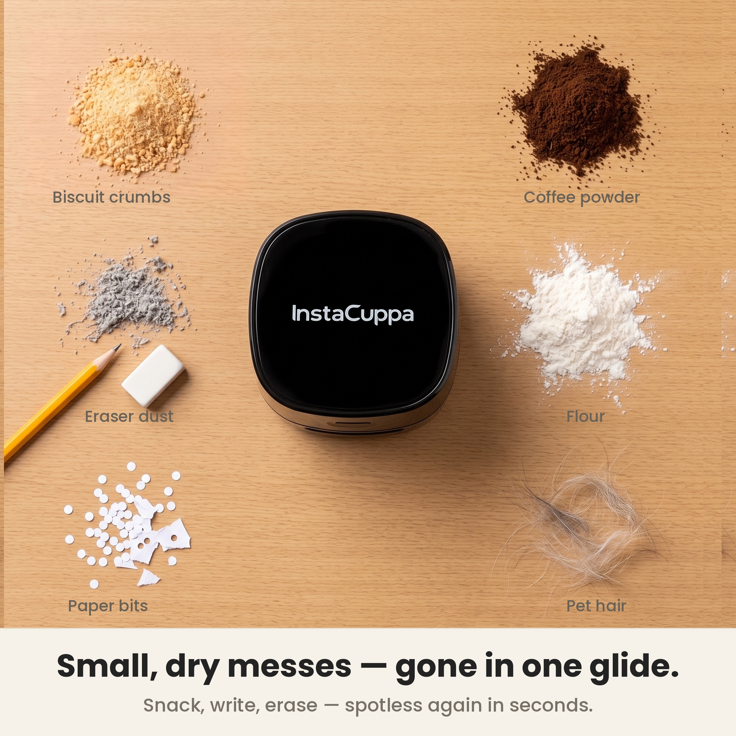 InstaCuppa crumb cleaner for desk picks up fine dry messes: crumbs, eraser dust, paper bits, pet hair – Battery Edition