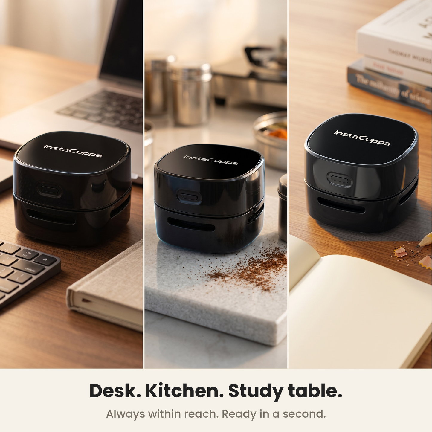 InstaCuppa mini vacuum for desk and kitchen shown on work desk, granite counter and study table – Battery Edition