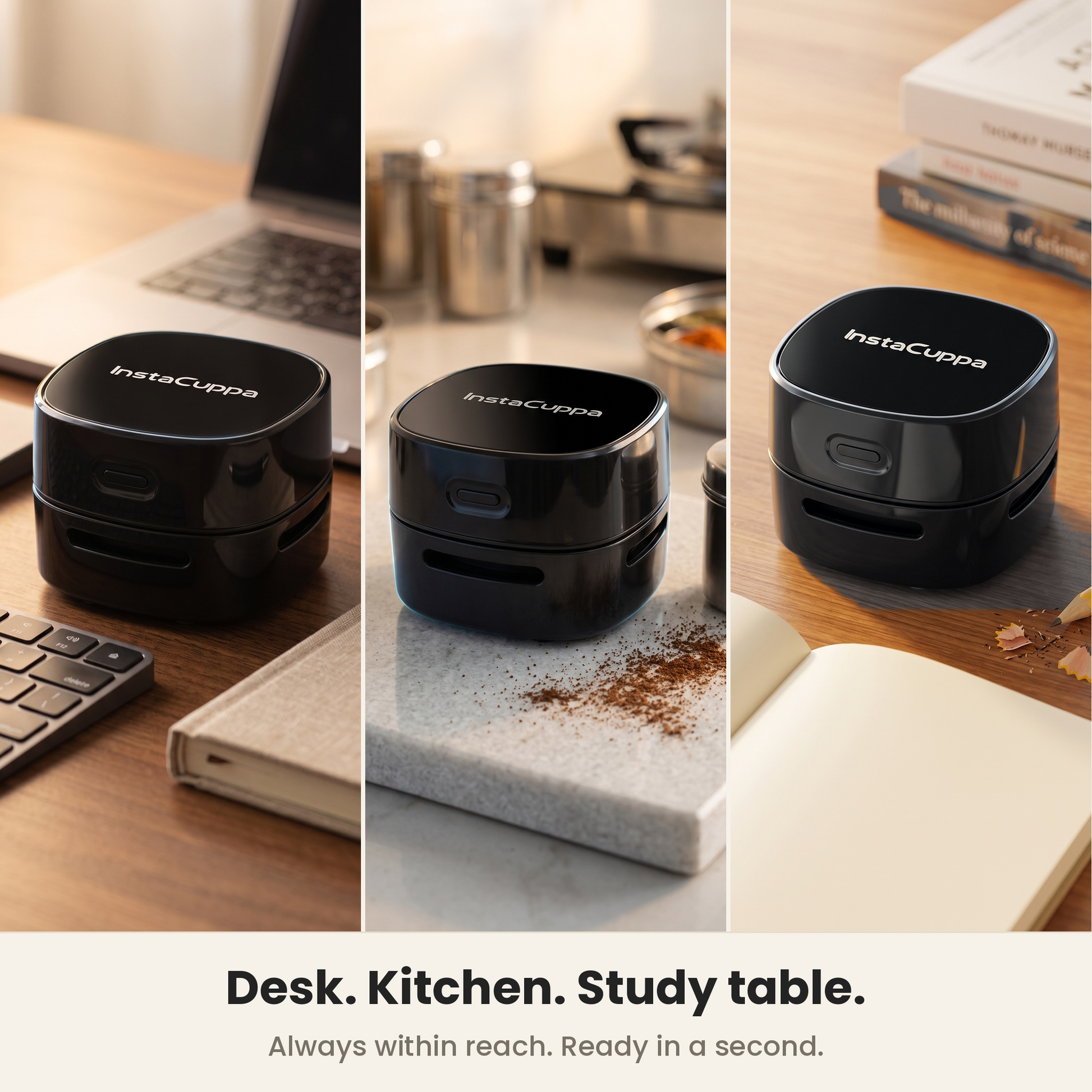 InstaCuppa mini vacuum for desk and kitchen shown on work desk, granite counter and study table – Battery Edition