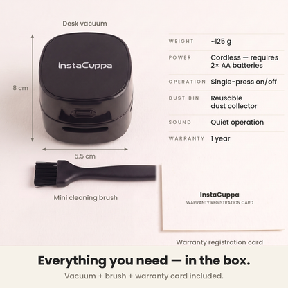 InstaCuppa desk vacuum with cleaning brush and warranty card, cordless, runs on 2 AA batteries – Battery Edition