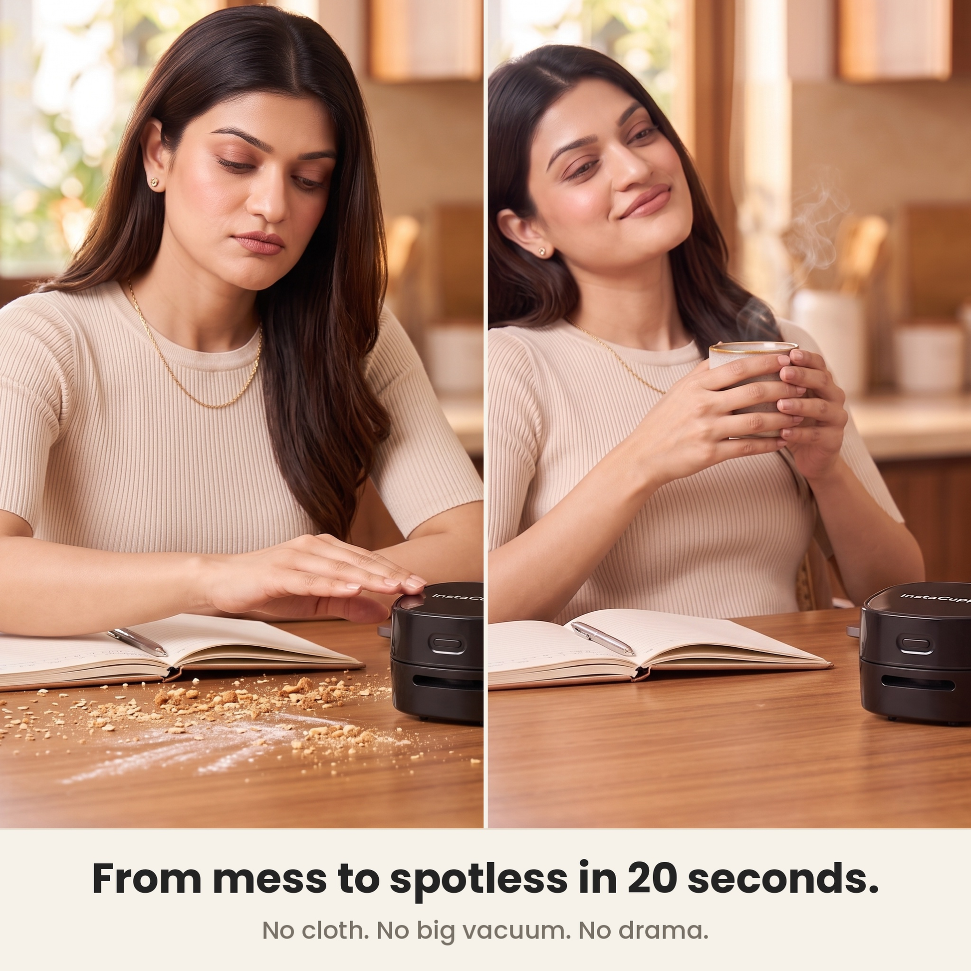 Before and after desk cleanup with InstaCuppa desk cleaning gadget, spotless in 20 seconds – Rechargeable Edition