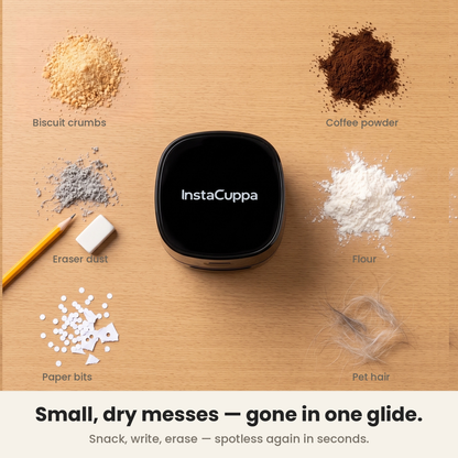 InstaCuppa crumb cleaner for desk picks up fine dry messes: crumbs, eraser dust, paper bits – Rechargeable Edition