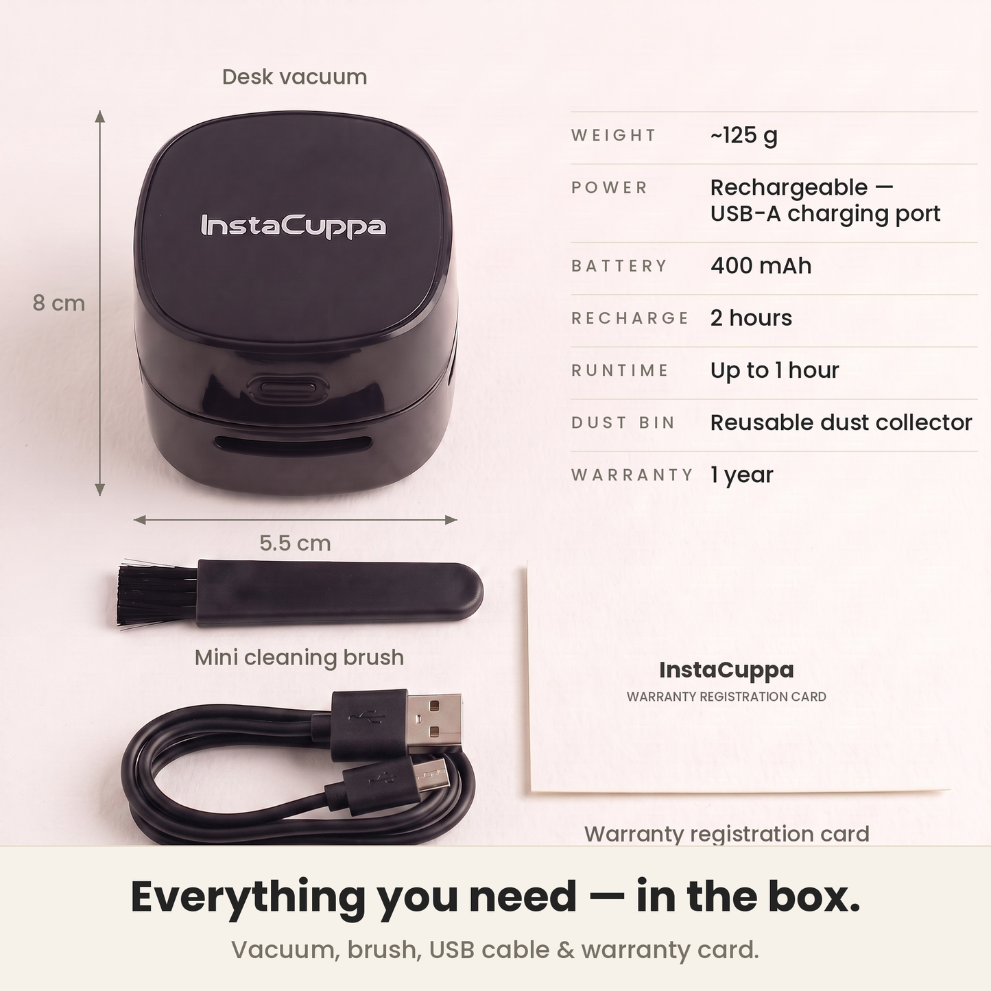InstaCuppa desk vacuum with brush, USB cable and warranty card, USB rechargeable 400 mAh – Rechargeable Edition
