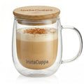 InstaCuppa Double Wall Glass Coffee Mug with Bamboo Lid and Large Handle, 300 ML, Pack of 2