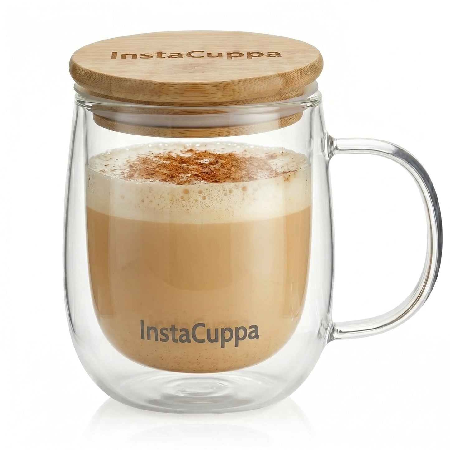 InstaCuppa - Double Wall Glass Coffee Mug with Bamboo Lid 300 ML - Borosilicate Glass