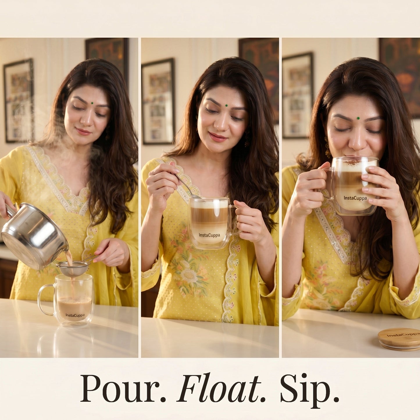 InstaCuppa - Double Wall Glass Coffee Mug - Pour Float Sip in 3 Easy Steps