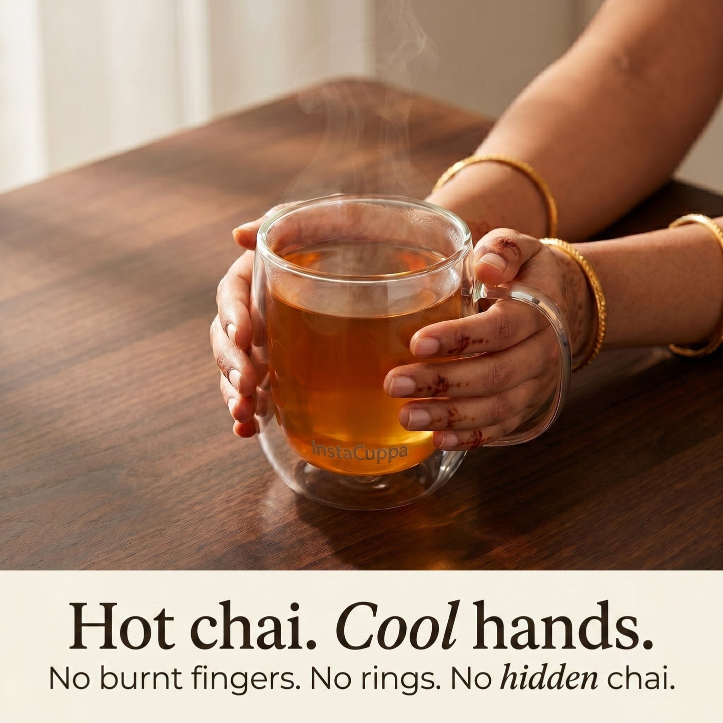 InstaCuppa - Double Wall Glass Coffee Mug - Hot Chai Cool Hands No Rings