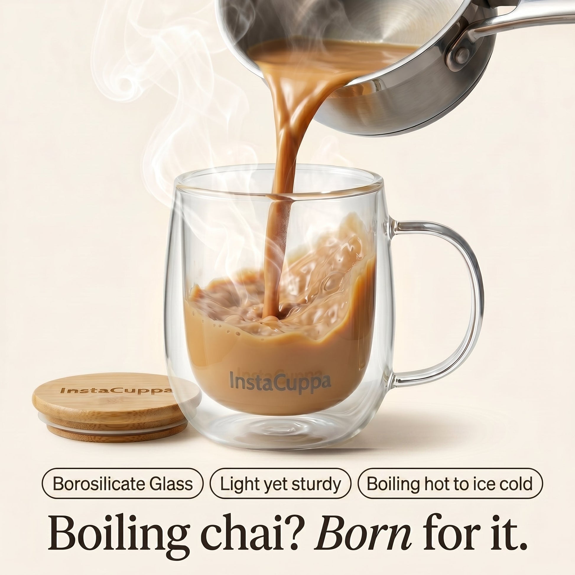 InstaCuppa - Borosilicate Double Wall Glass Mug - Handles Boiling Hot to Ice Cold