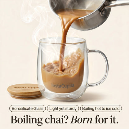 InstaCuppa - Borosilicate Double Wall Glass Mug - Handles Boiling Hot to Ice Cold
