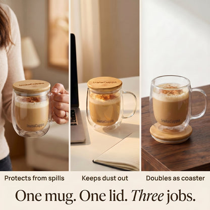 InstaCuppa - Double Wall Glass Mug Bamboo Lid - Spill Protection Dust Cover Coaster