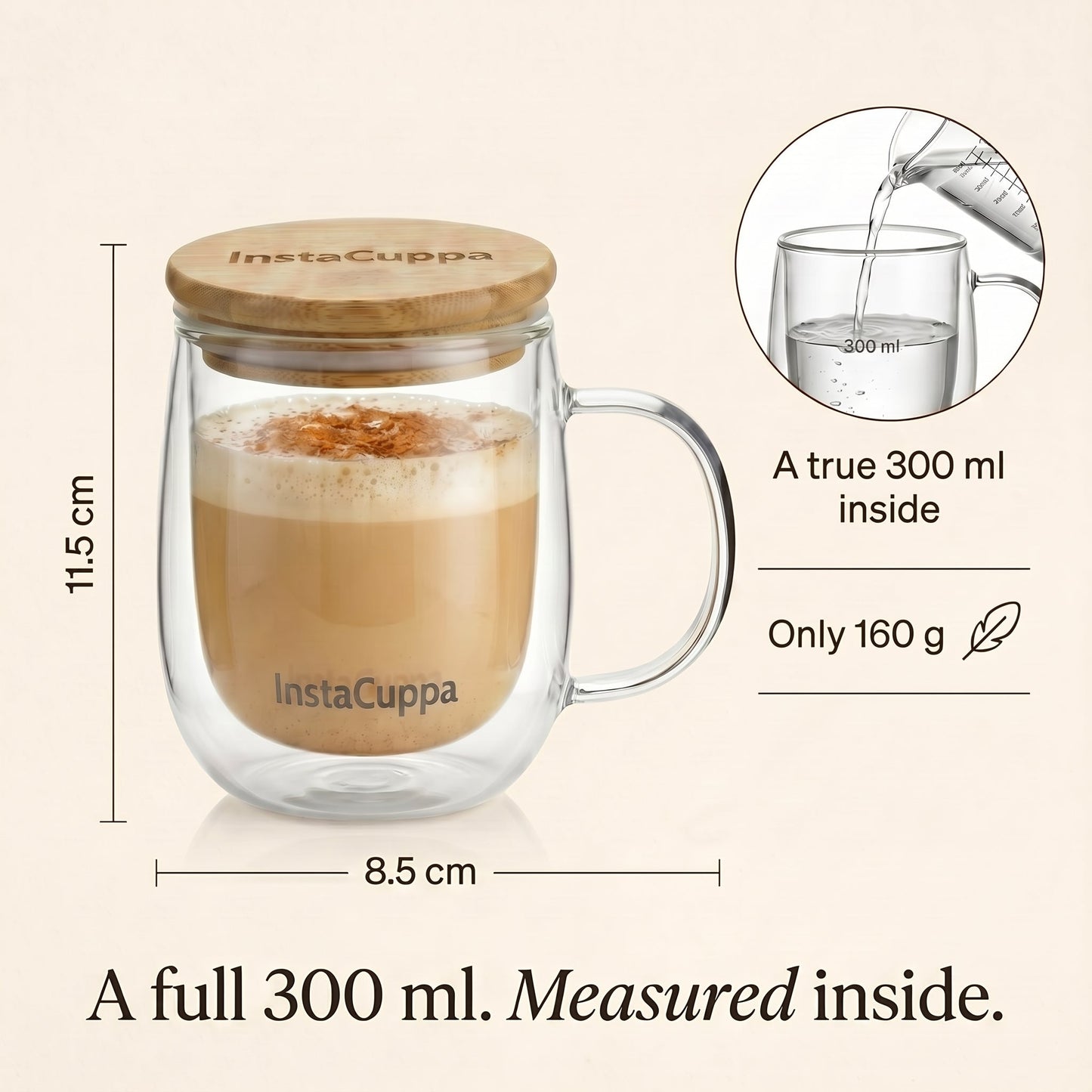 InstaCuppa - Double Wall Glass Coffee Mug 300 ML - 11.5 x 8.5 cm Only 160 g