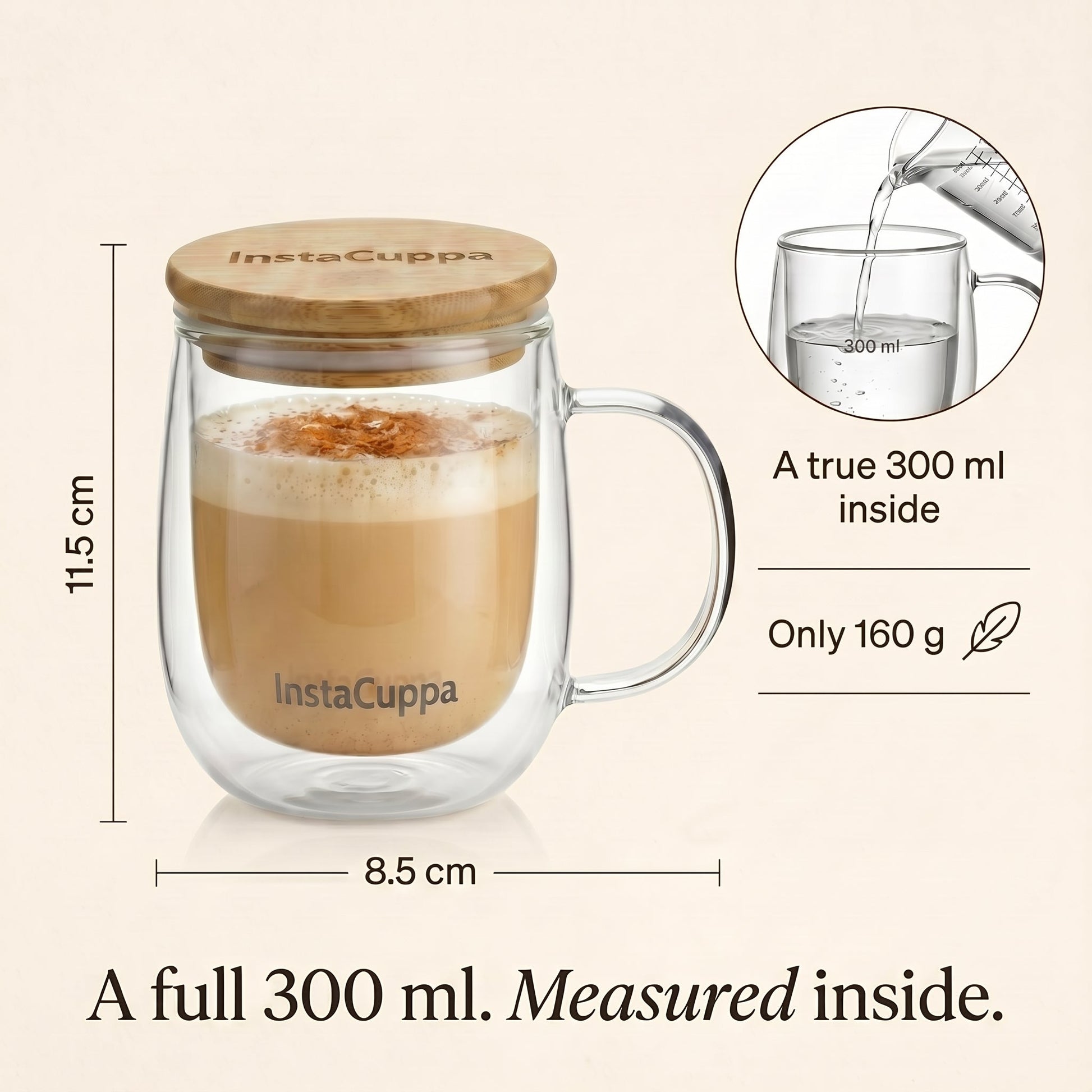 InstaCuppa - Double Wall Glass Coffee Mug 300 ML - 11.5 x 8.5 cm Only 160 g