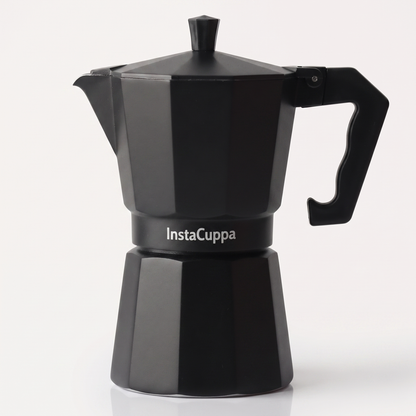 InstaCuppa Aluminium Moka Pot - Black - on white background · 300 ml · 6 cup