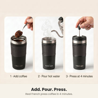 How to use the InstaCuppa French Press Travel Mug in three steps, add coffee, pour hot water, then press