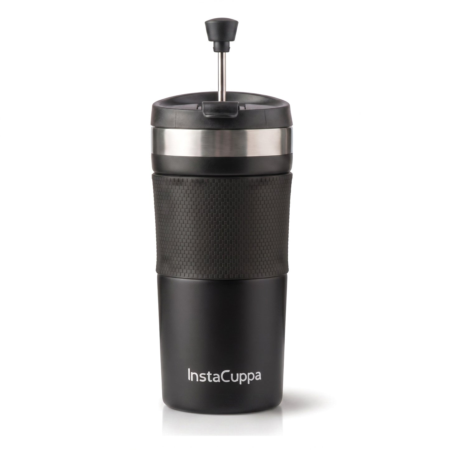 InstaCuppa French Press Travel Mug 400 ml in matte black stainless steel with spill-proof flip-top lid