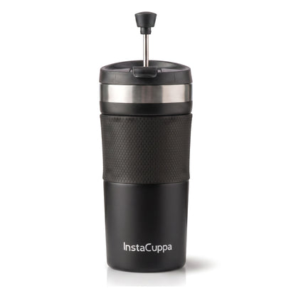 InstaCuppa French Press Travel Mug 400 ml in matte black stainless steel with spill-proof flip-top lid