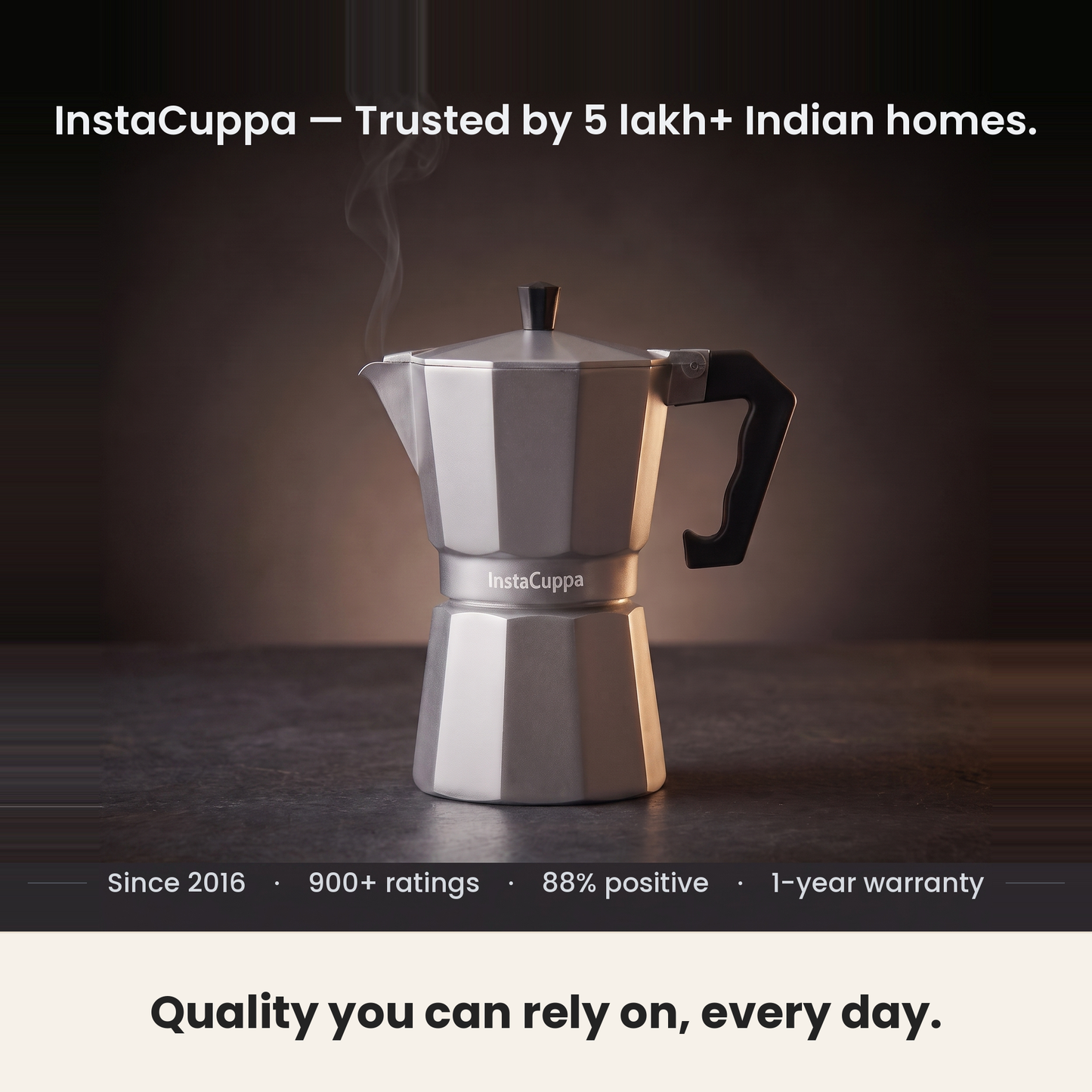 InstaCuppa Aluminium Moka Pot - Silver - trusted by Indian homes, 1-year warranty · 300 ml · 6 cup